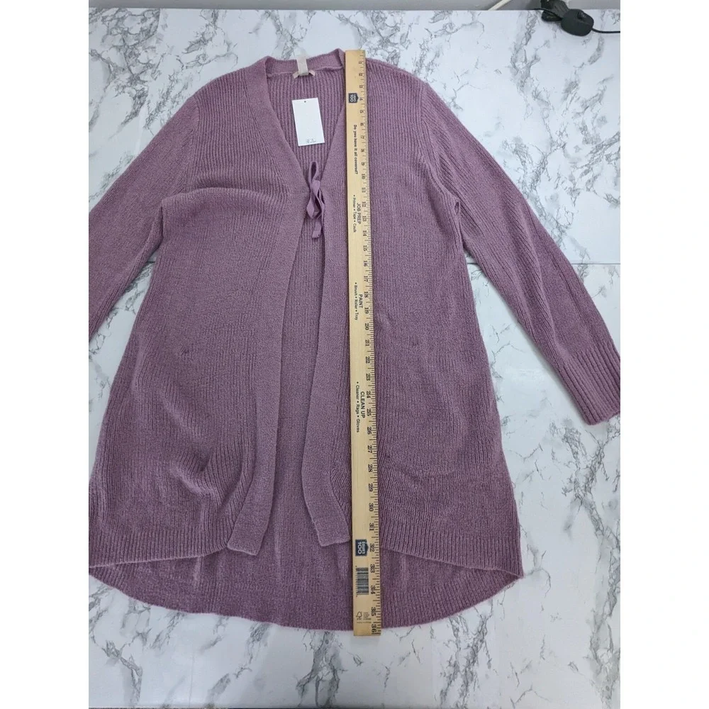 New LOGO Lori Goldstein Long Cardigan Sweater‎ Ribbed Knit Tie Front Pink Large